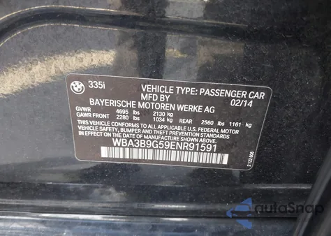 2014 BMW 335I xDrive from USA, damaged, VIN WBA3B9G59ENR91591